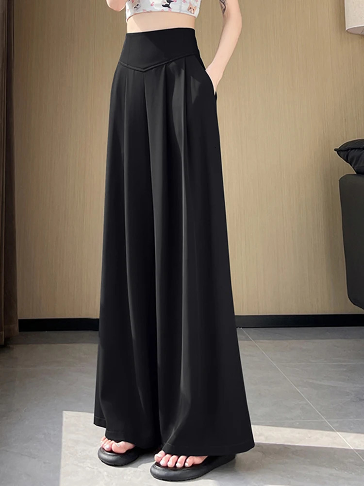 Summer High Waist Solid Color Loose Women Suit Pants Basic Full Length Straight Fashion Apricot Black Female Wide Leg 250808
