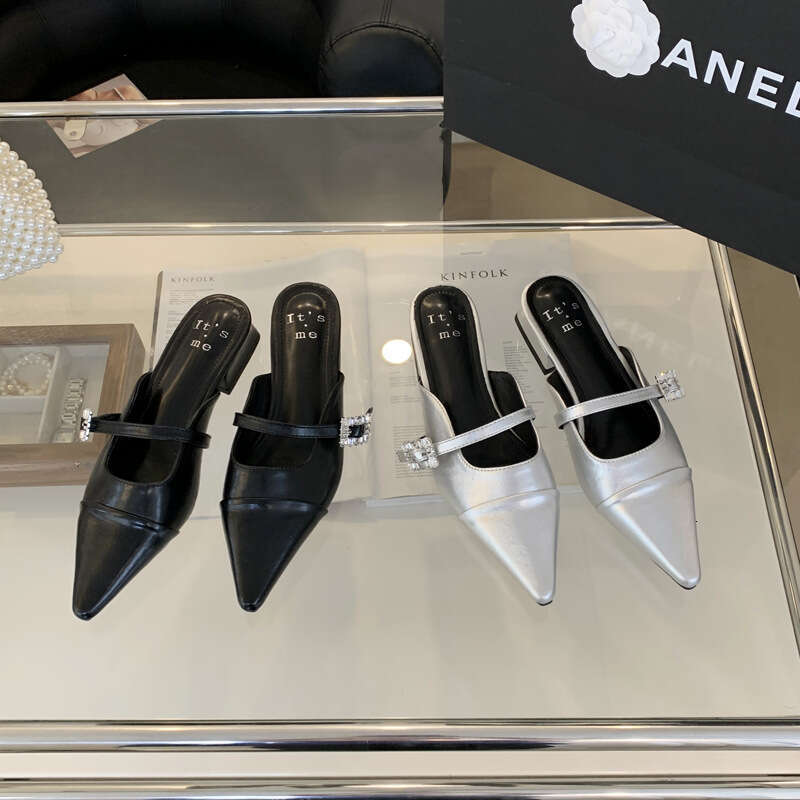 2025 Spring/Summer One-Strap Rhinestone Buckle Single Tote Open Back Pointed Fairy Fashion Closed-Toe Half Slippers Flat Shoes