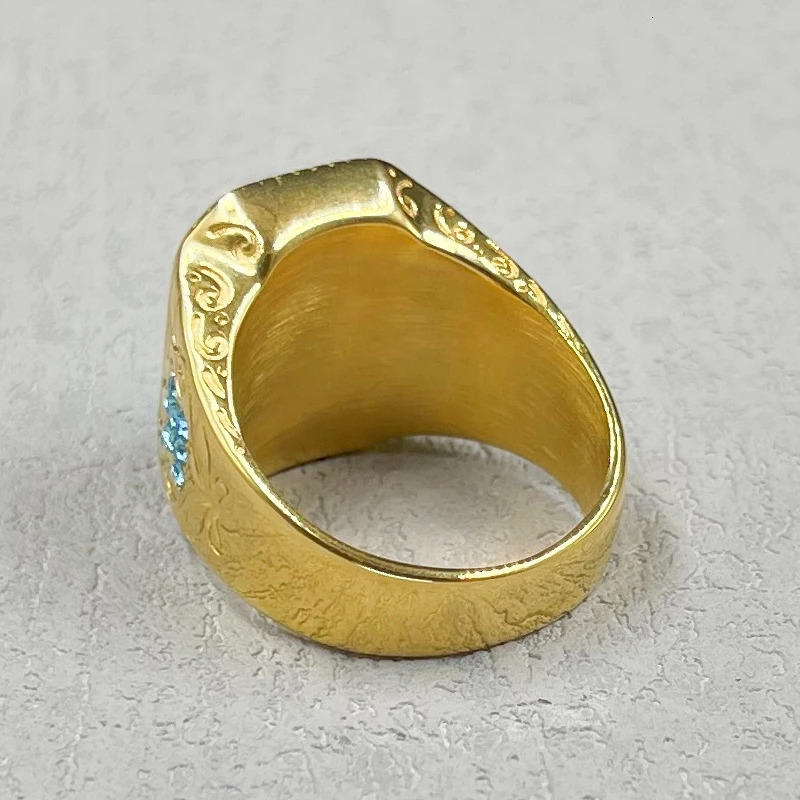 Gold color Stainless Steel Charm Rings for Women Trendy Heavy blue rhinestone Rings Wedding Party Jewelry Gifts 250811