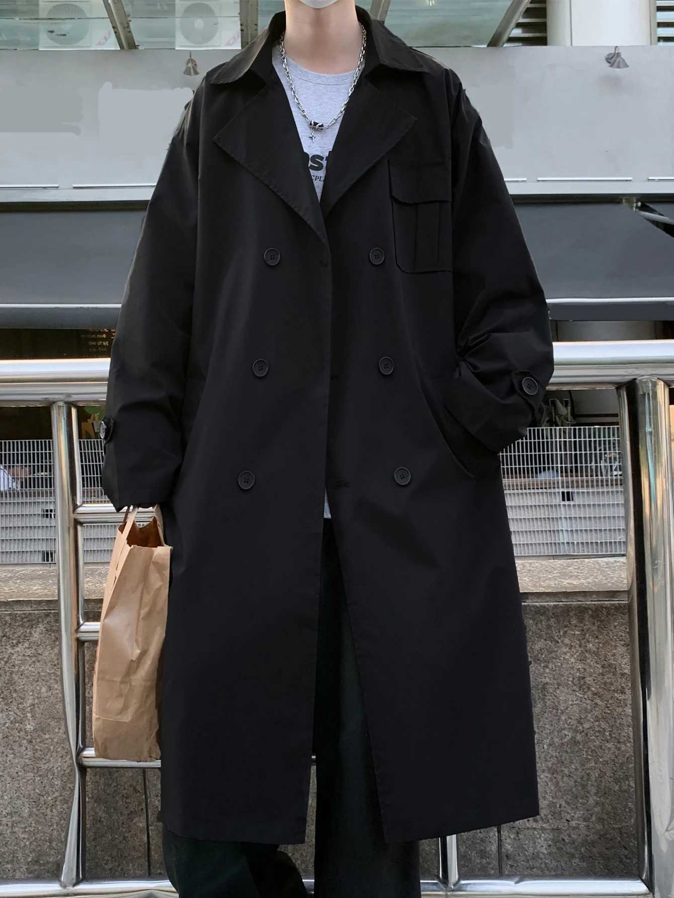 Mens autumn trench coat with double-breasted design and pockets suitable for outdoor leisure in spring and autumn. W250815