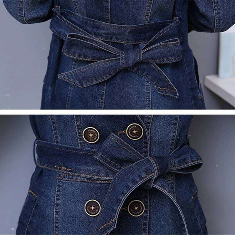 Designer Clothing 2025 Autumn Denim Coat Women Double-Breasted Full Sleeves Vintage Windbreaker Female Long Jean Jacket Outerwear Tops
