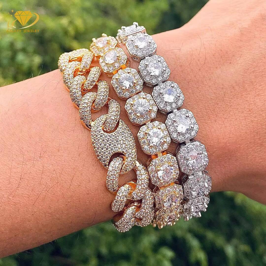 Custom Jewelry Hip Hop Sterling 925 Silver Gold Plated 10mm Cluster Diamond Mossanite Tennis Bracelet for Accessories Women