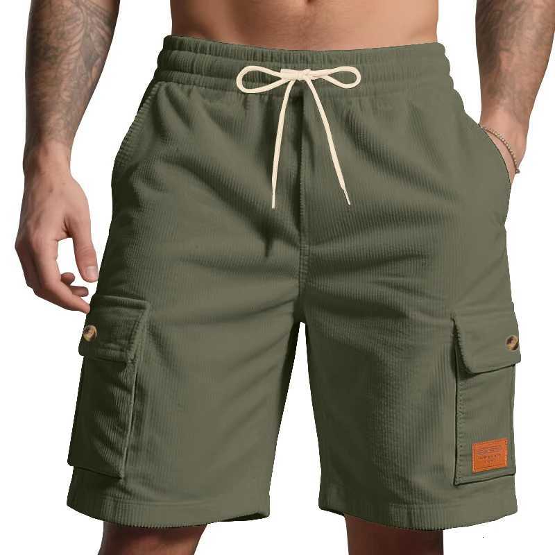 High-Quality Corduroy Solid-Colored Shorts For Men In Summer Casual Shorts With Leather Labels And Trendy Beach Sports Shorts Y250814