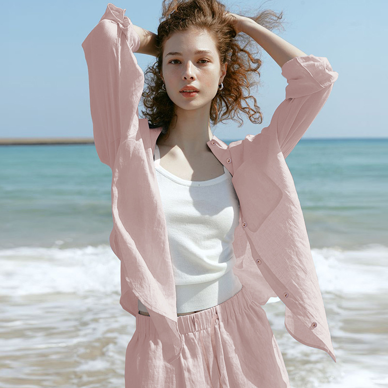 Cotton Long Sleeve Sun Protection Loose Fit Casual Top for Women Summer Tencel Linen Shirt