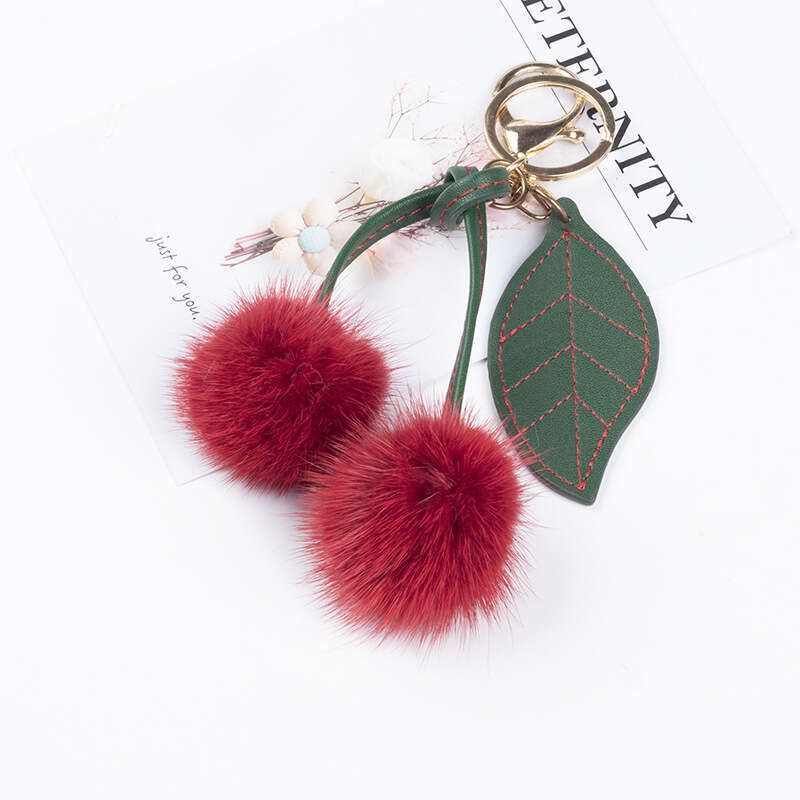 Mink Cherry Phone Accessories Car Keychain Creative Fur Plush Hanging Ornament Bag Pendant
