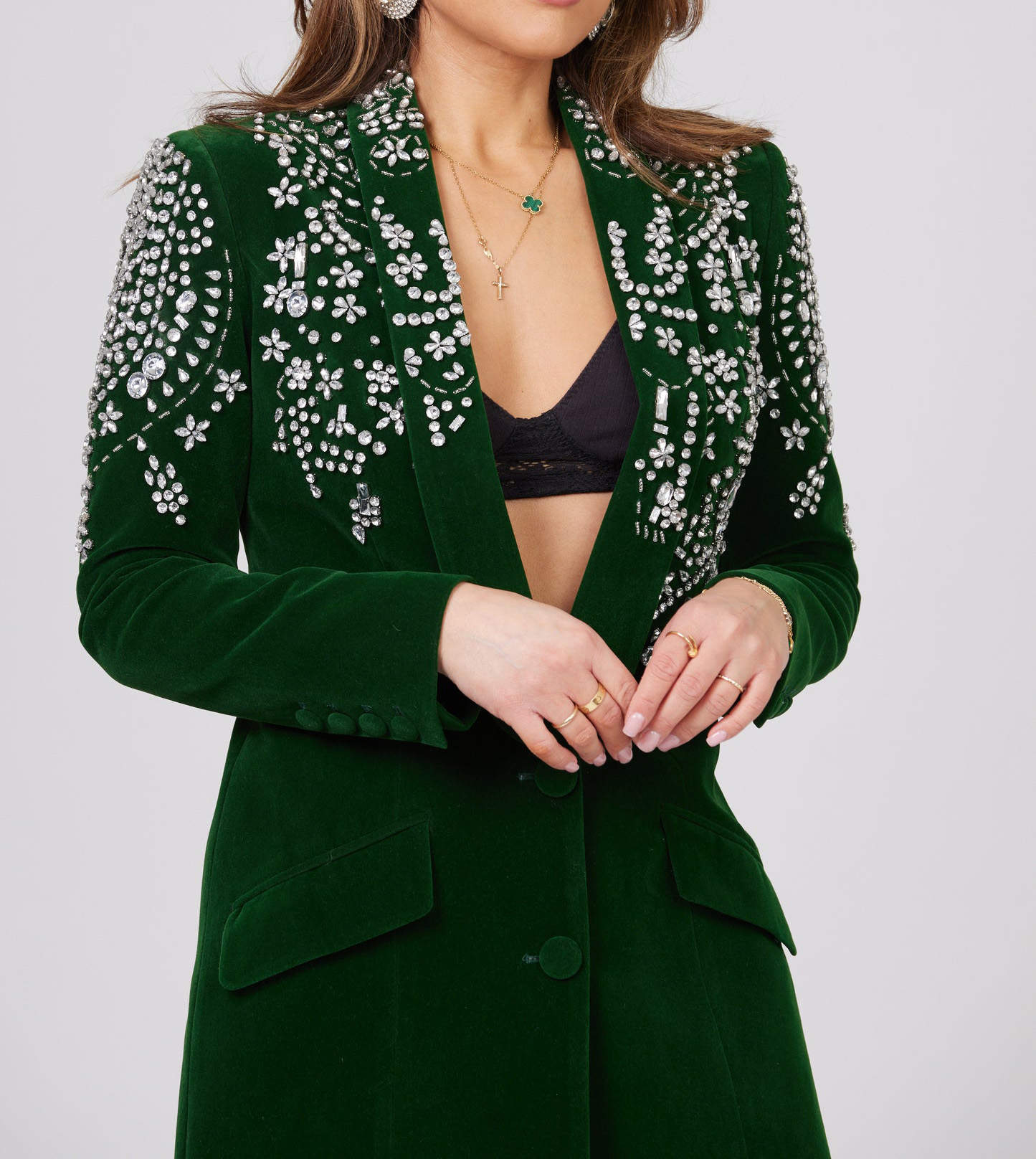 Green Velvet Women Jacket Dress Lady Crystal Beading Customized Blazer Prom Evening Party Blazer One Piece