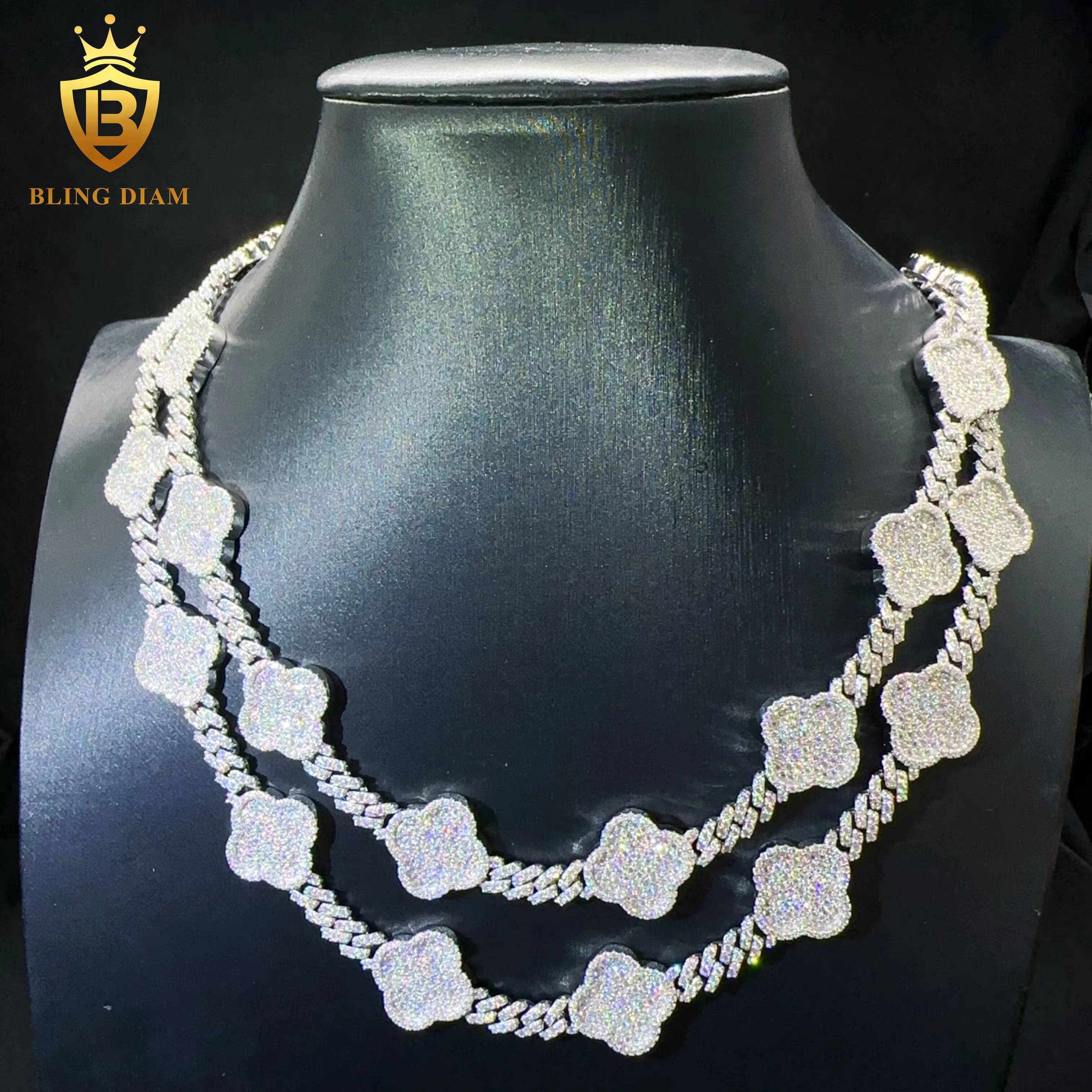 Sterling Silver Hip Hop Jewelry Cuban Necklace d Color Vvs Moissanite Iced Out Diamond Clover Leaf Cuban Link Bracelet Chain