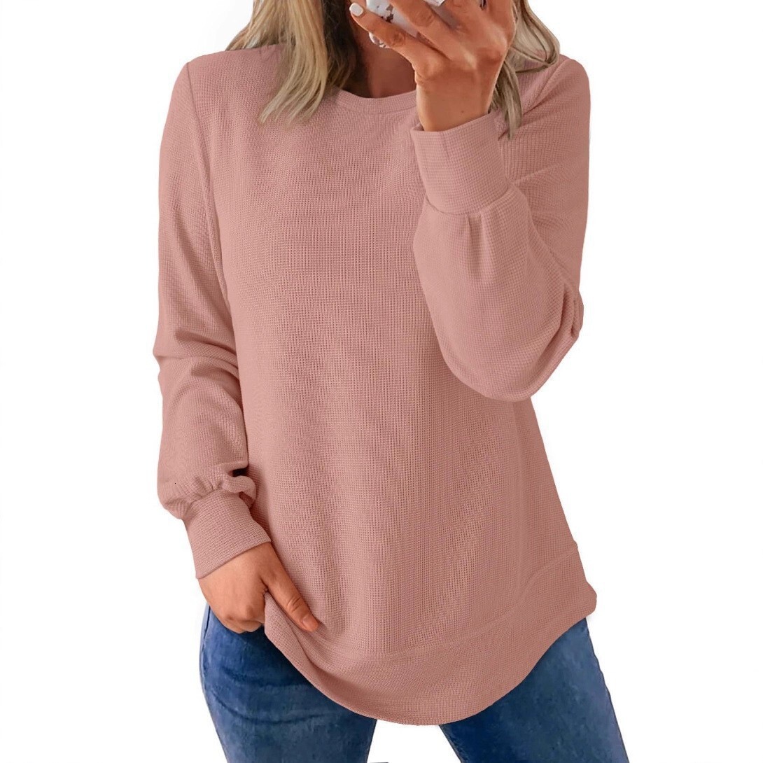 2025 Autumn Winter Waffle New Round Neck Curved Hem Loose Long Sleeve Top