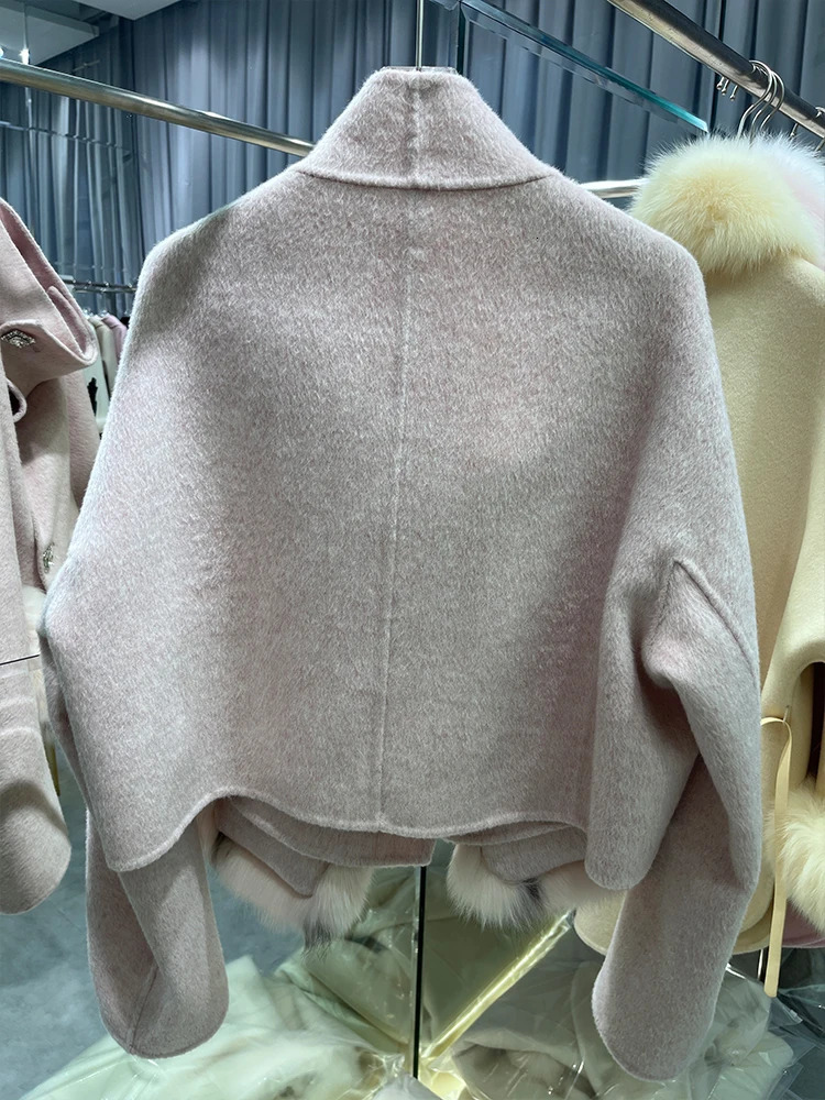 Winter Cashmere Wool Woolen Jacket Fur Coat Women Natural Fox Fur Pocket Ladies Outerwear Female Coat 250811