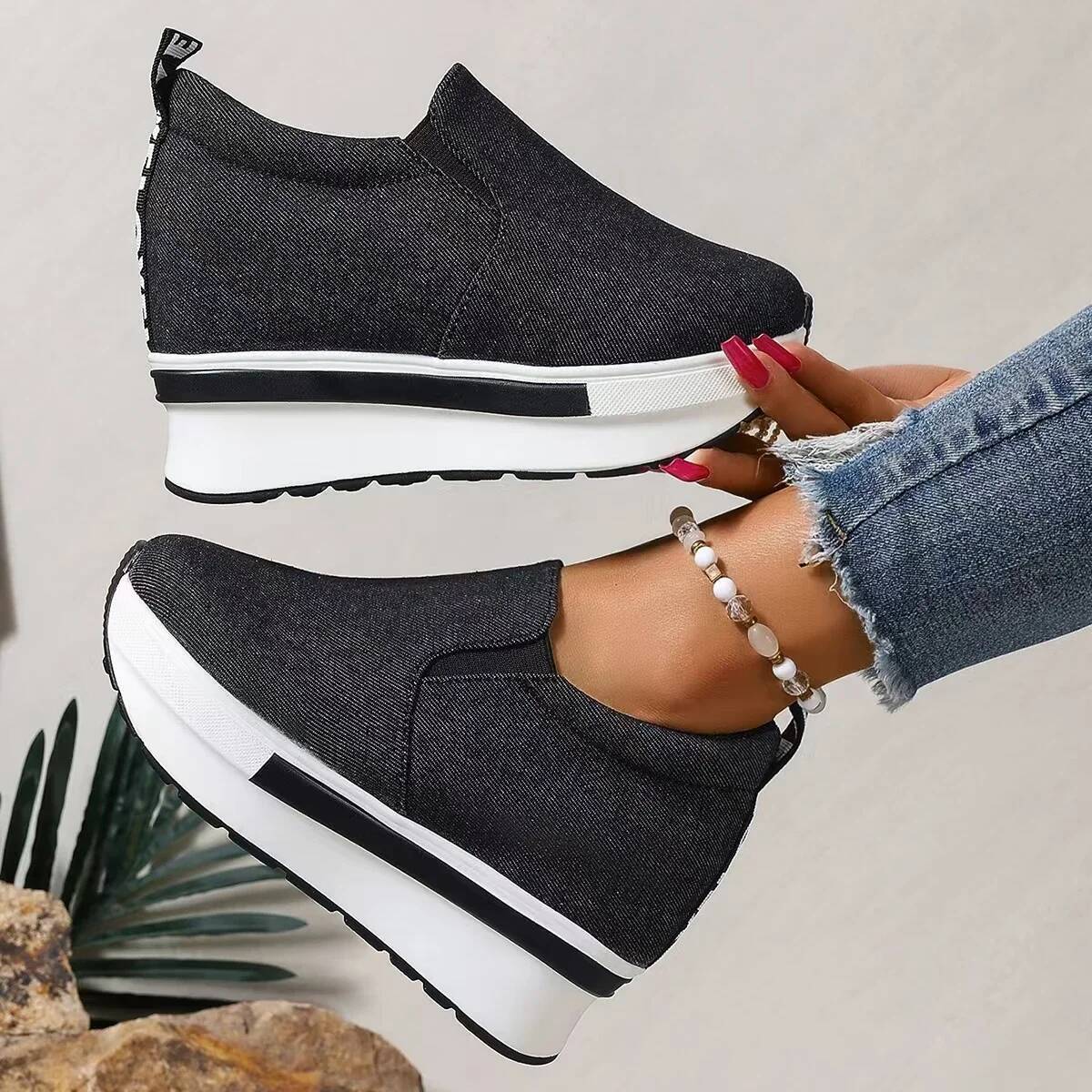 Women's Height Increasing Wedges Lightweight Slip On Platform Sneakers Women Thick Sole Denim Walking Rocker Shoes Woman ddmysaturn