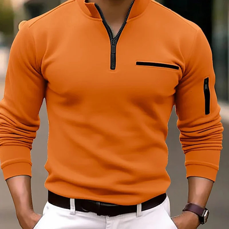 Spring Fashion Zipper n Polo Shirts Casual Solid Color ONeck Tees Pullover Men Clothing Long Sleeve 250814