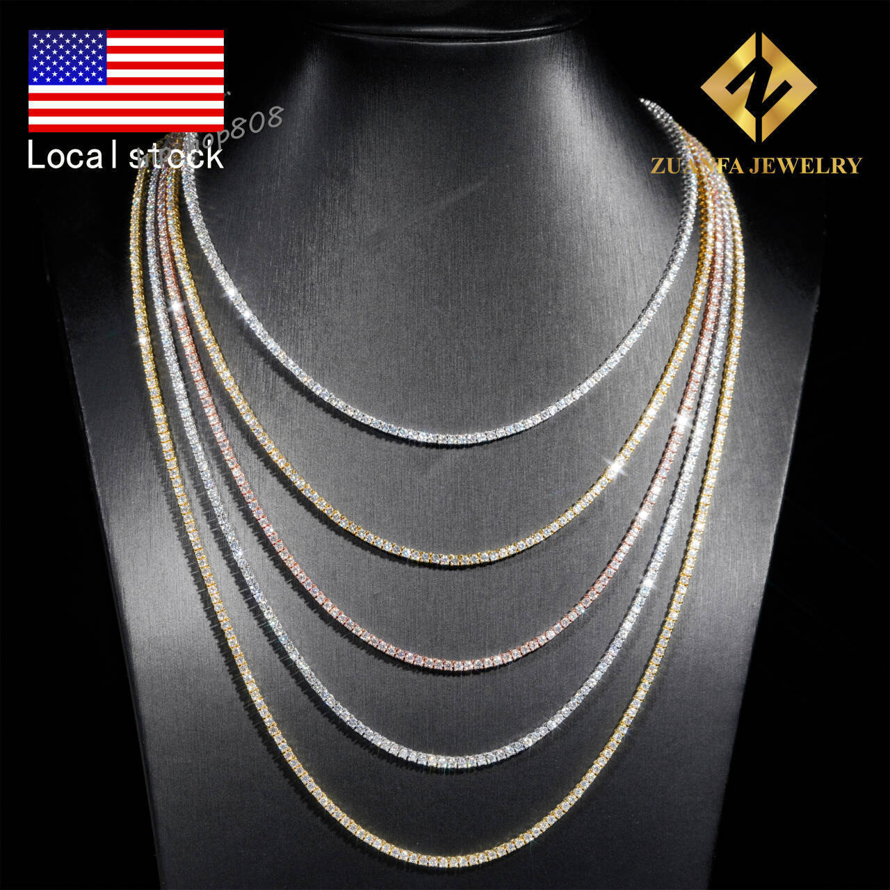 USA Stock Hot Sale Iced Out 2mm Tennis Chain 925 Sterling Silver VVS Fine Jewelry Moissanite Tennis Chain Men Women