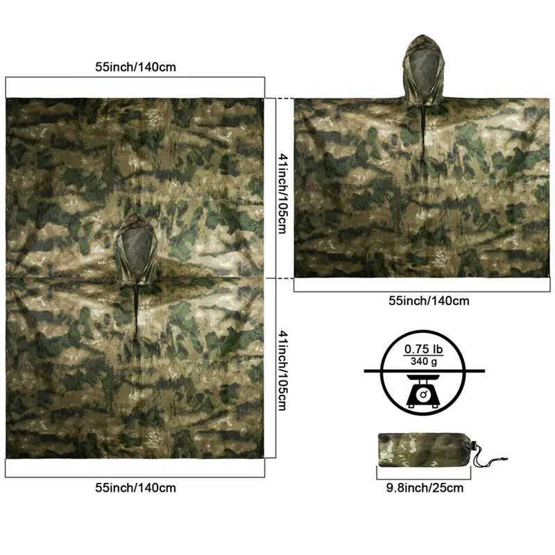ATFG Camouflage Tactical Poncho Raincoat Tour Portable Waterproof Military Rain Protection Foldable Rain Coat Trip with Storage Y250814