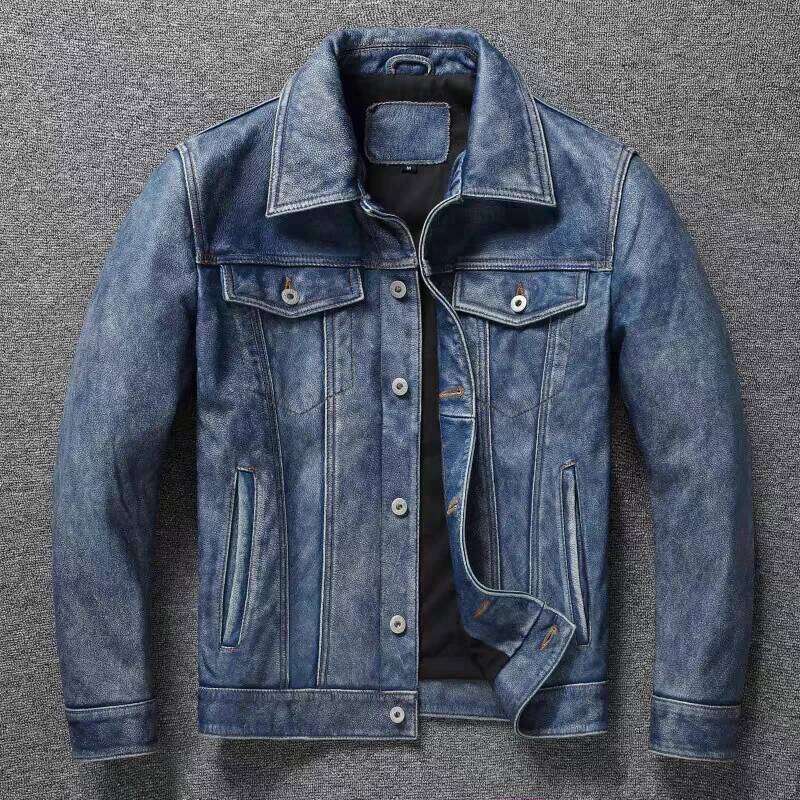 Designer Clothing 2025 Men's Motorcycle Light Blue Ami Khaki Retro Graphite Distressed Denim Genuine Leather Slim Short Jacket