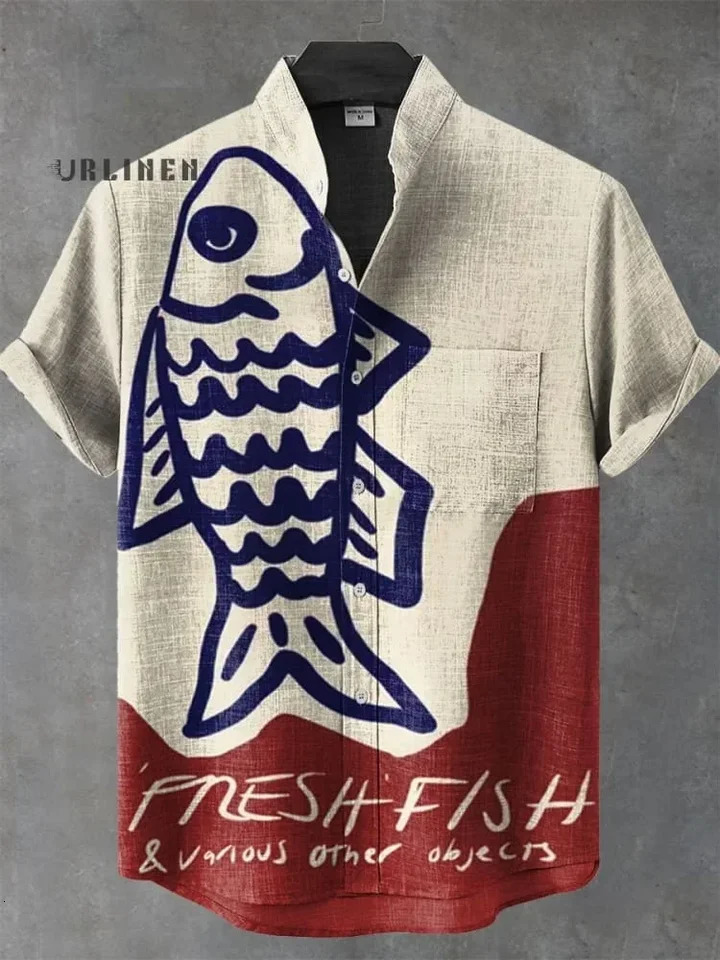 2025 Summer Blue Fish Line Retro 3D Printed Casual Fashion 100 Linen Mens Short sleeved Stand up Collar Shirt 250804