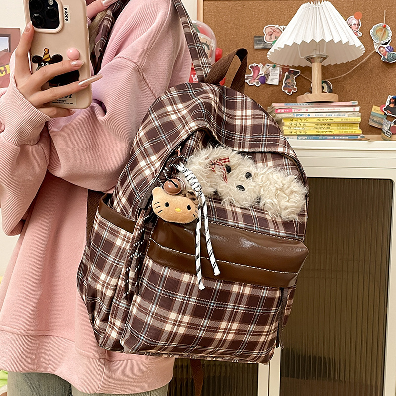 Autumn New Neutral Style Backpack Couple Bag New Checkered Backpack Cute Puppy Retro Style Casual Backpack Autumn New Designer Bag