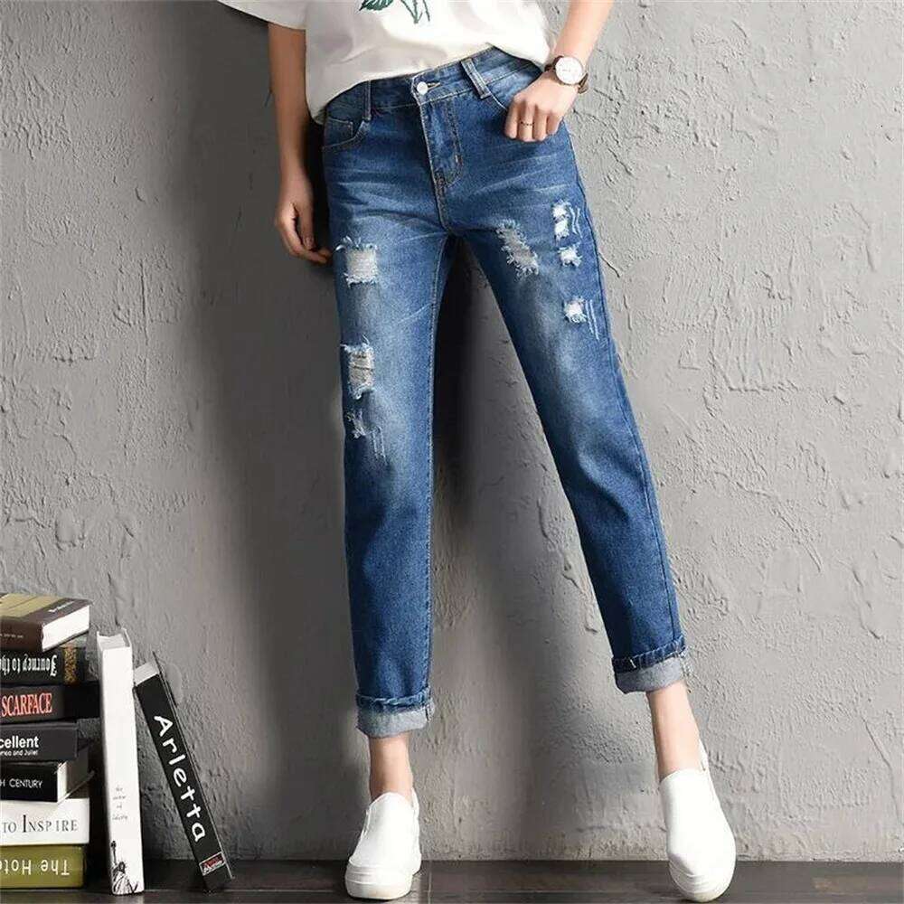2025 Women jeans Clothing Mid Waist Boyfriend Big Ripped Hole Casual High Street Denim Pants woman Pencil Jeans y2k