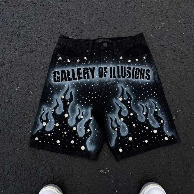 Y2K Vintage Distressed Jeans Flame Pattern Rhinestone Decoration High Waist Denim Shorts Fashion Men Women Hip Hop Streetwear Y250814