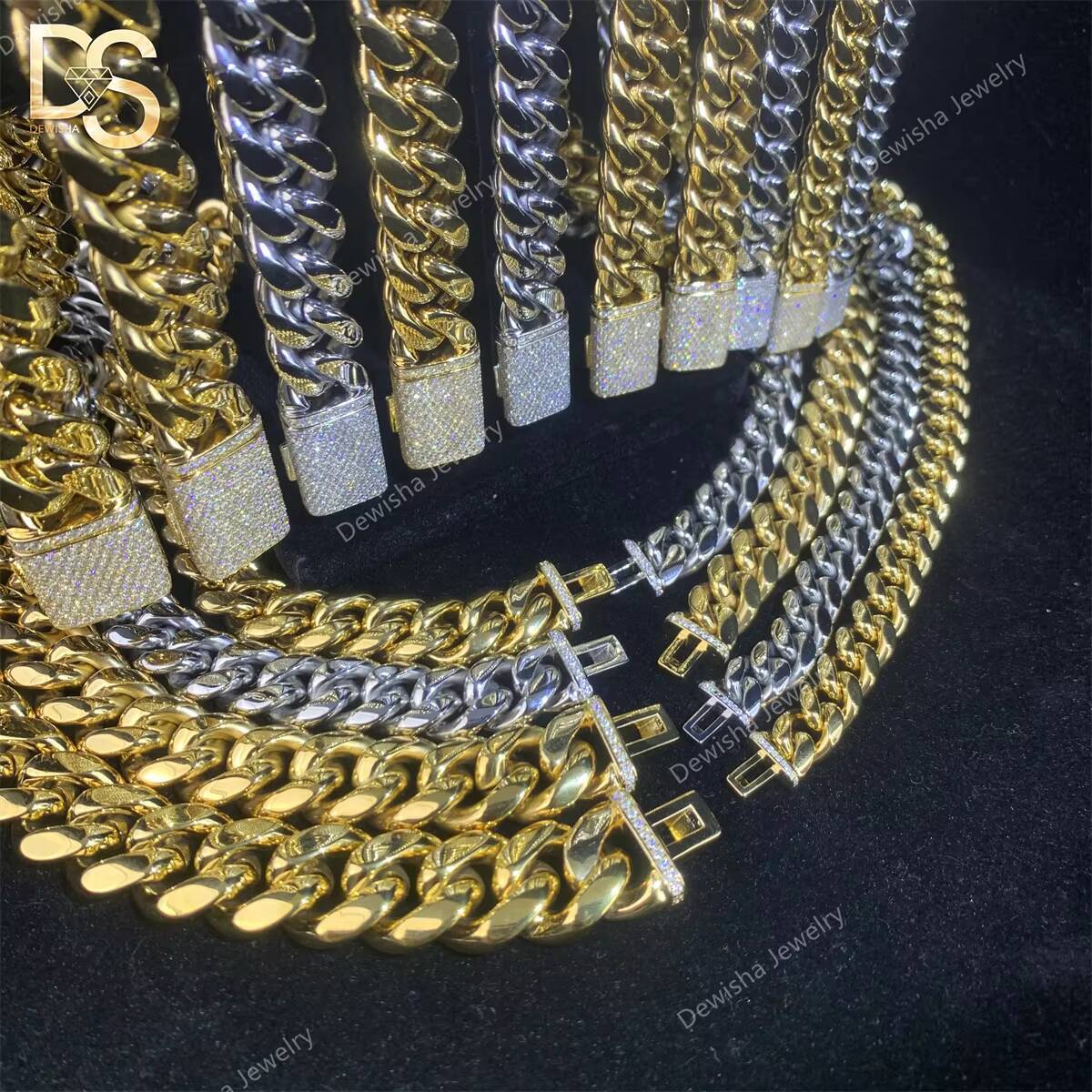 Wholesale Men Chunky Miami Cuban Chain 8/10/12/14/16/18mm White Gold Plated Iced Out Moissanite Bails Bracelet and Necklace