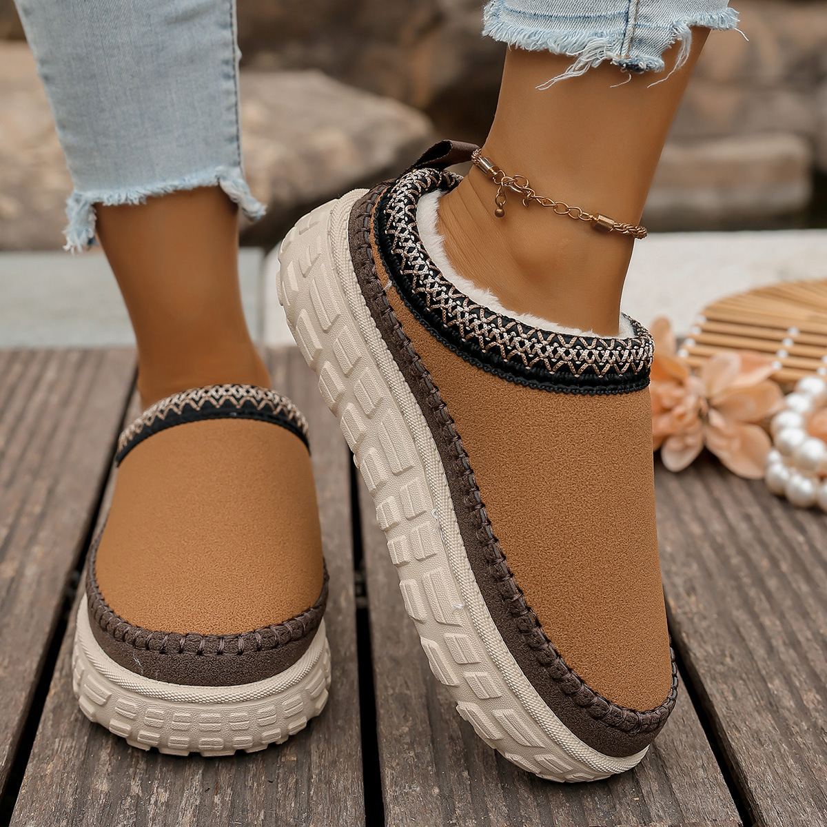 Fashion Round Toe Lace Trim Chunky Sole Snow Boots 2025 New Design Ankle Height Plush Fleece Lined Warm Womens Winter Shoes Free Shipping