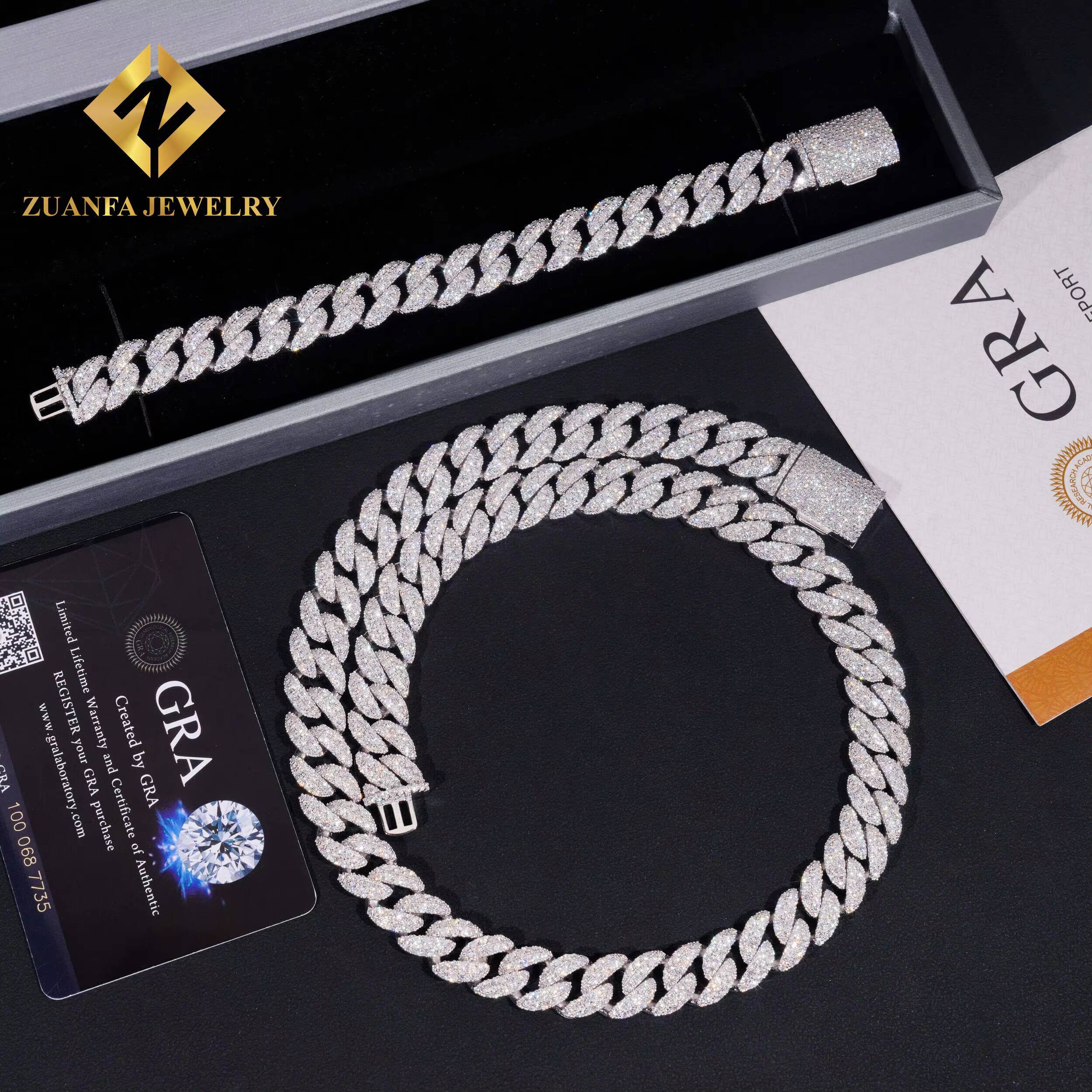 Hip Hop Men Rock Cuban Chain 925 Silver 12MM Width Iced Out VVS Moissanite Diamond Cuban Link Chain Pass Diamond Tester