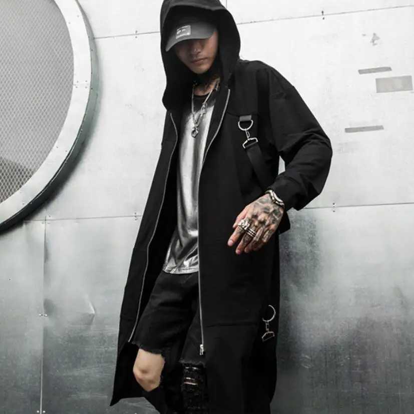 Spring Autumn Men Ribbons Patchwork Punk Hip Hop Long Trench Coat Hooded Cloak Men Black Zipper Techwear Long Jacket Overcoat W250815