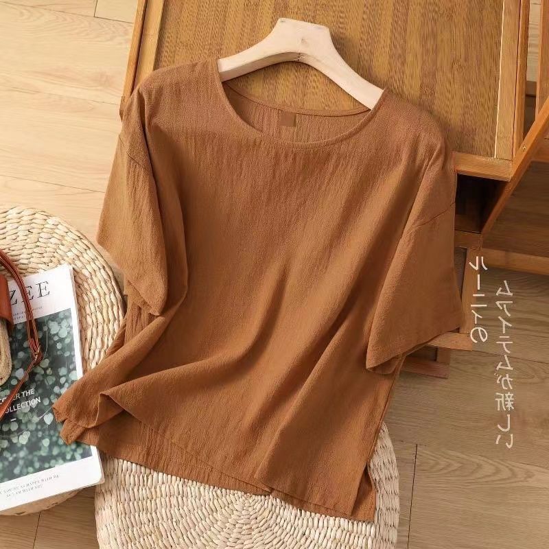K2103 Clearance sale summer new cotton and linen women's clothing large size tops literary pullovers casual loose T-shirts short sleeves