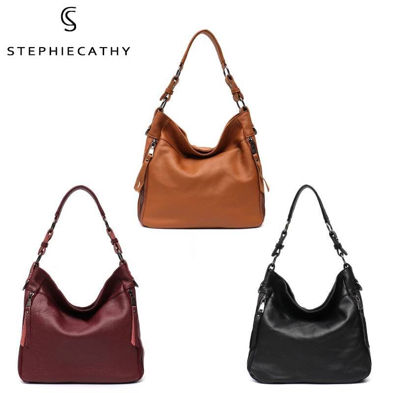 SC Large Slouchy Leather Women Shoulder Bag Lady Cowhide Multi Pockets Casual Soft Hobo Female Messenger Real Skin Handbag