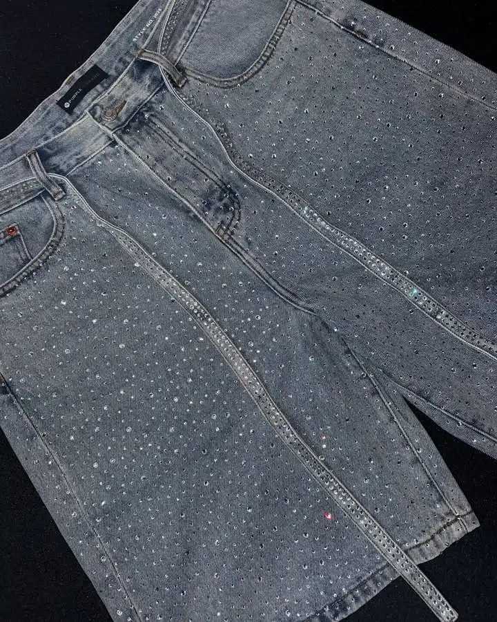 American Retro Rhinestone Sequins Ribbon Denim Shorts Y2K Hip Hop Washed Solid Color Baggy Shorts Low Waist Over The Knee Pants Y250814