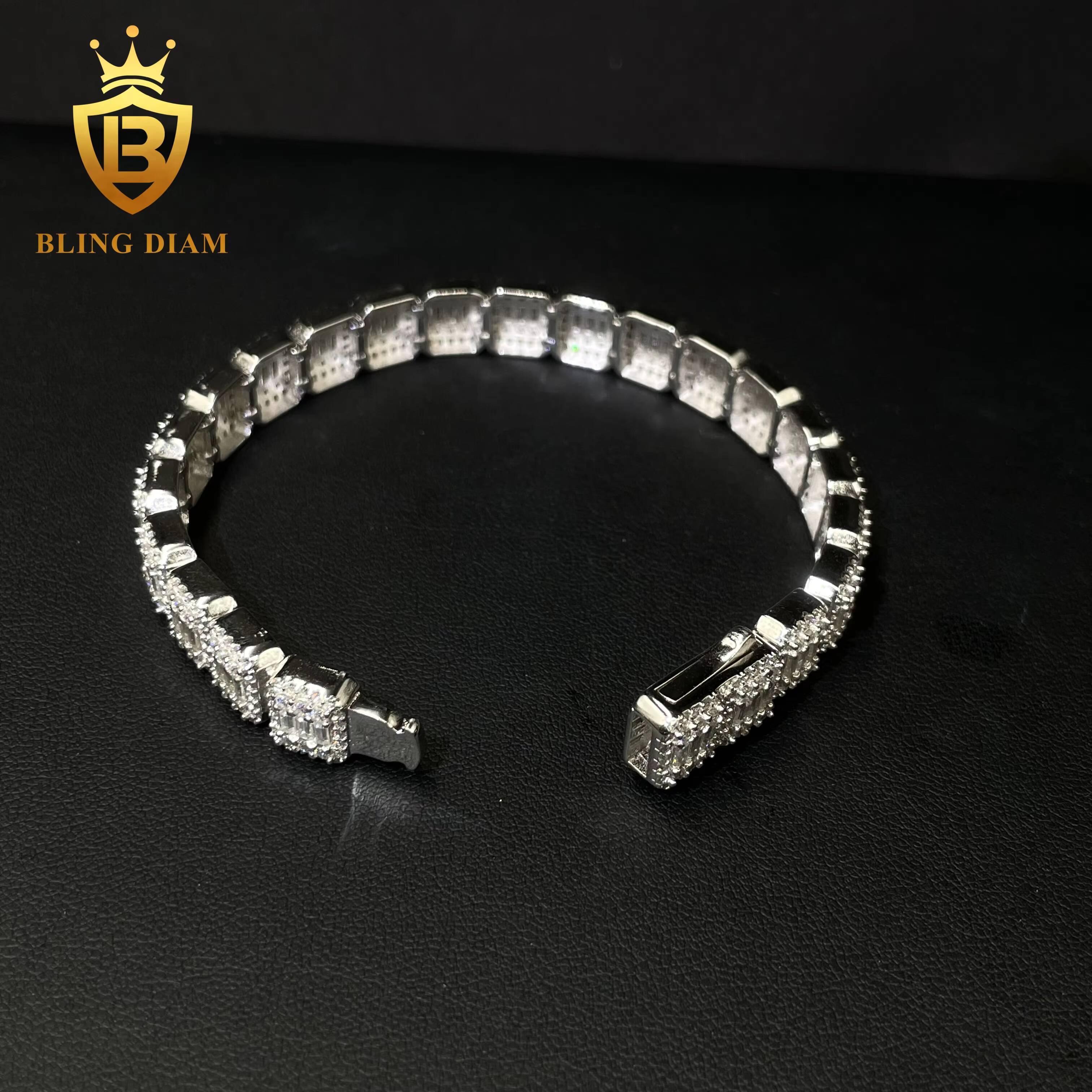 New Style Fashion 9mm Luxury Iced Out Hip Hop Jewelry 925 Sterling Silver Baguette Cluster Tennis Chain Bracelet