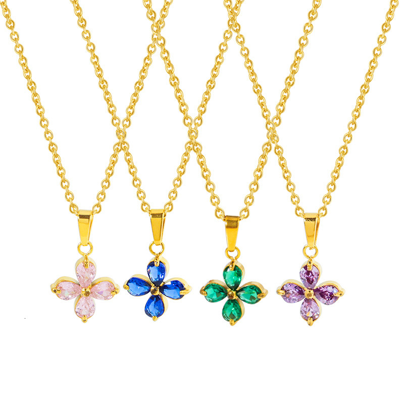Titanium Steel Simple Four-Leaf Clover Flower Petal Zircon Colorful Non-Fading Women Spring Summer Versatile High-End Necklace Jewelry for Women