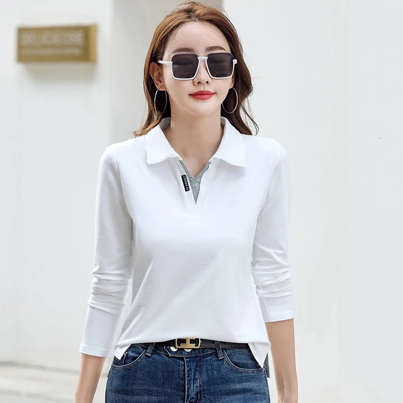 Korean Autumn Woman Polo Neck Shirt Cotton Solid Color Long Sleeve TShirt Patchwork Womens Shirts For Women 250814