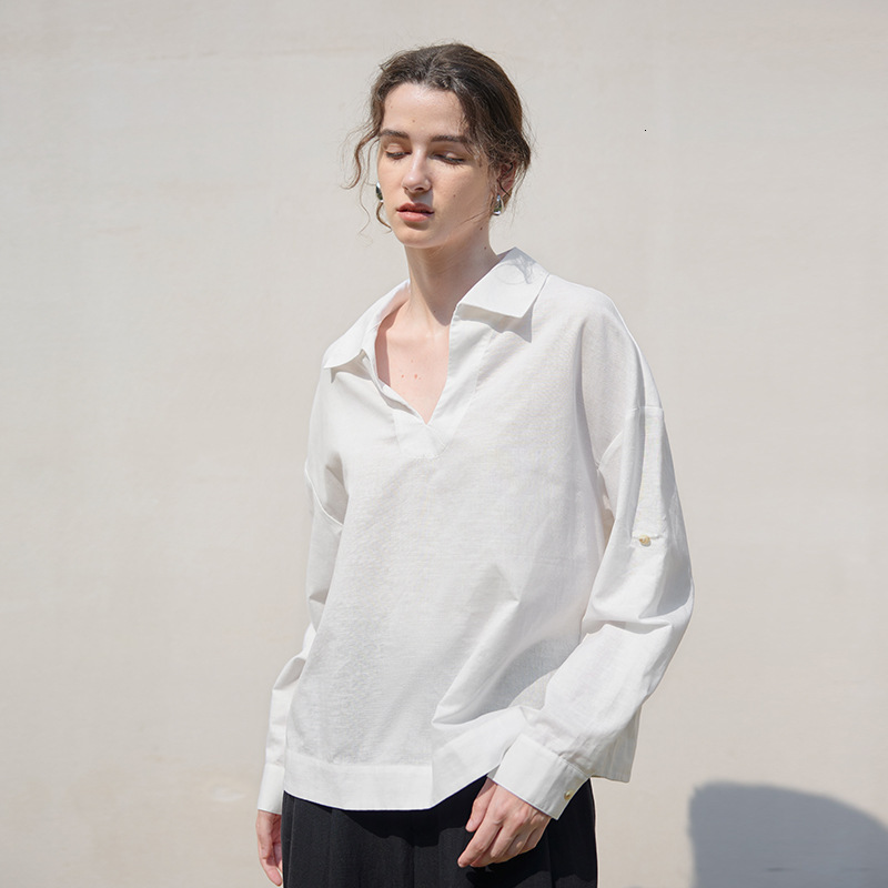 Old Style Pure White V-Neck Long Sleeve Shirt for Women, New Autumn and Winter Linen Loose Shirt, High-End Relaxed Top