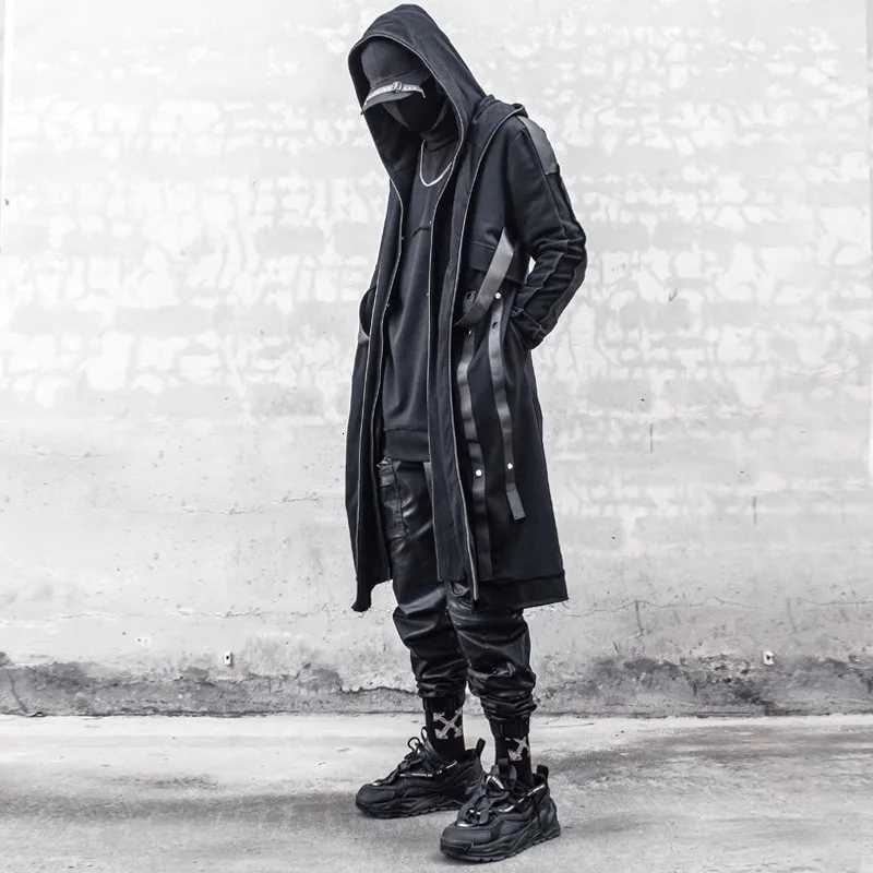 Men Fake Two Trench Jacket Windbreaker Men Gothic Punk Streetwear Long Jacket Coat Function Hoodie Black Clothes W250815