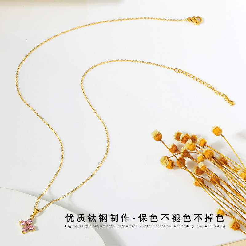 Titanium Steel Simple Four-Leaf Clover Flower Petal Zircon Colorful Non-Fading Women Spring Summer Versatile High-End Necklace Jewelry for Women