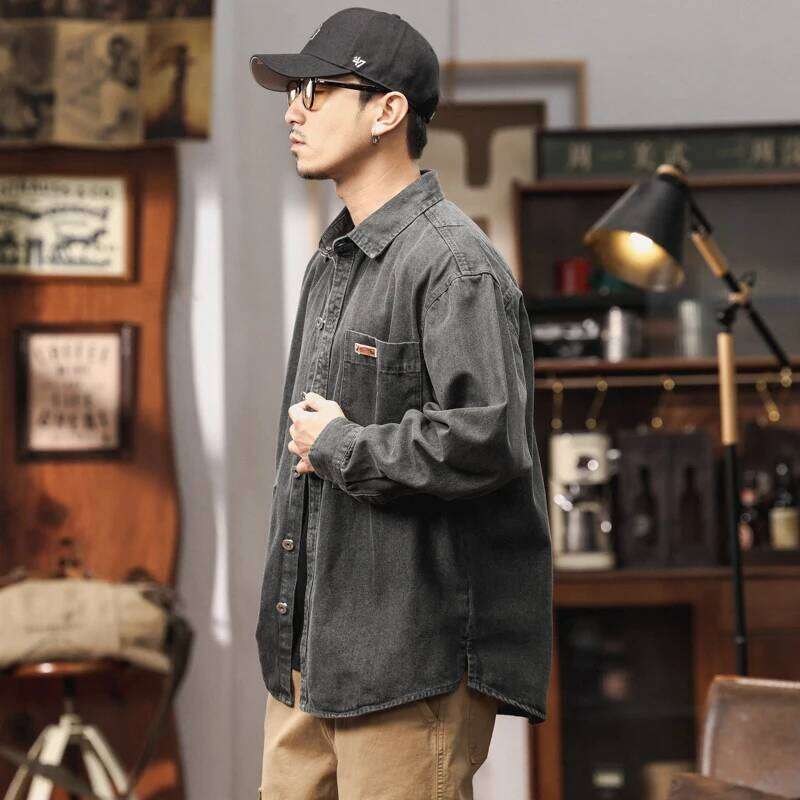 Designer Clothing 2025 American Vintage Cargo Denim Shirt Jacket For Men Streetwear Solid Color Heavyweight Multi-Pocket Workwear Coat Male Clothing
