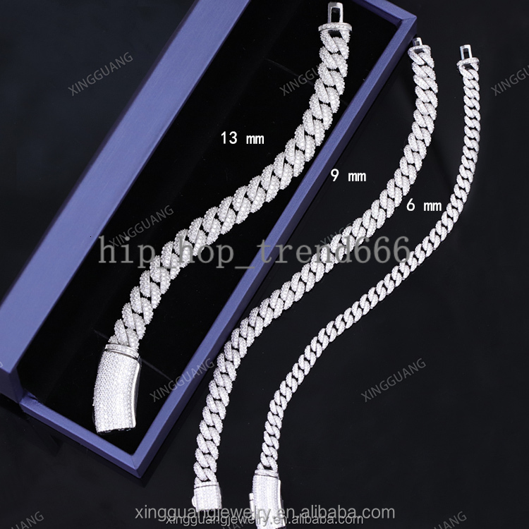 Hip Hop Jewelry S925 Silver 6mm 9mm 13mm Iced Out VVS Moissanite Cuban Chain Bracelet With GRA Certificate