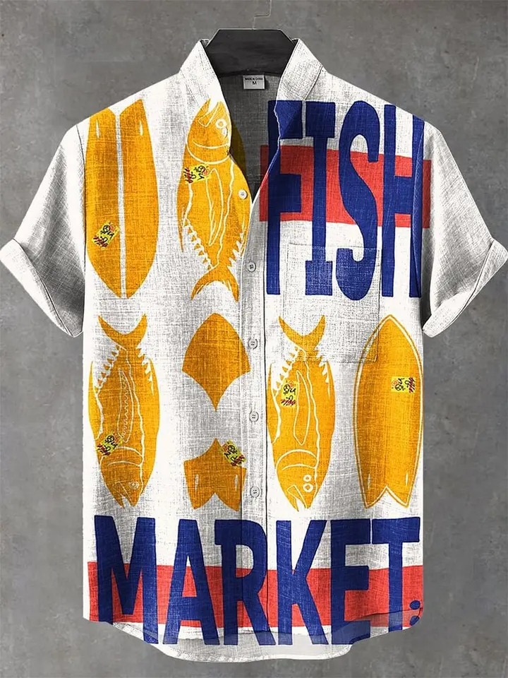 2025 mens retro style fish pattern print casual linen comfortable fabric short sleeved shirt button top 250804