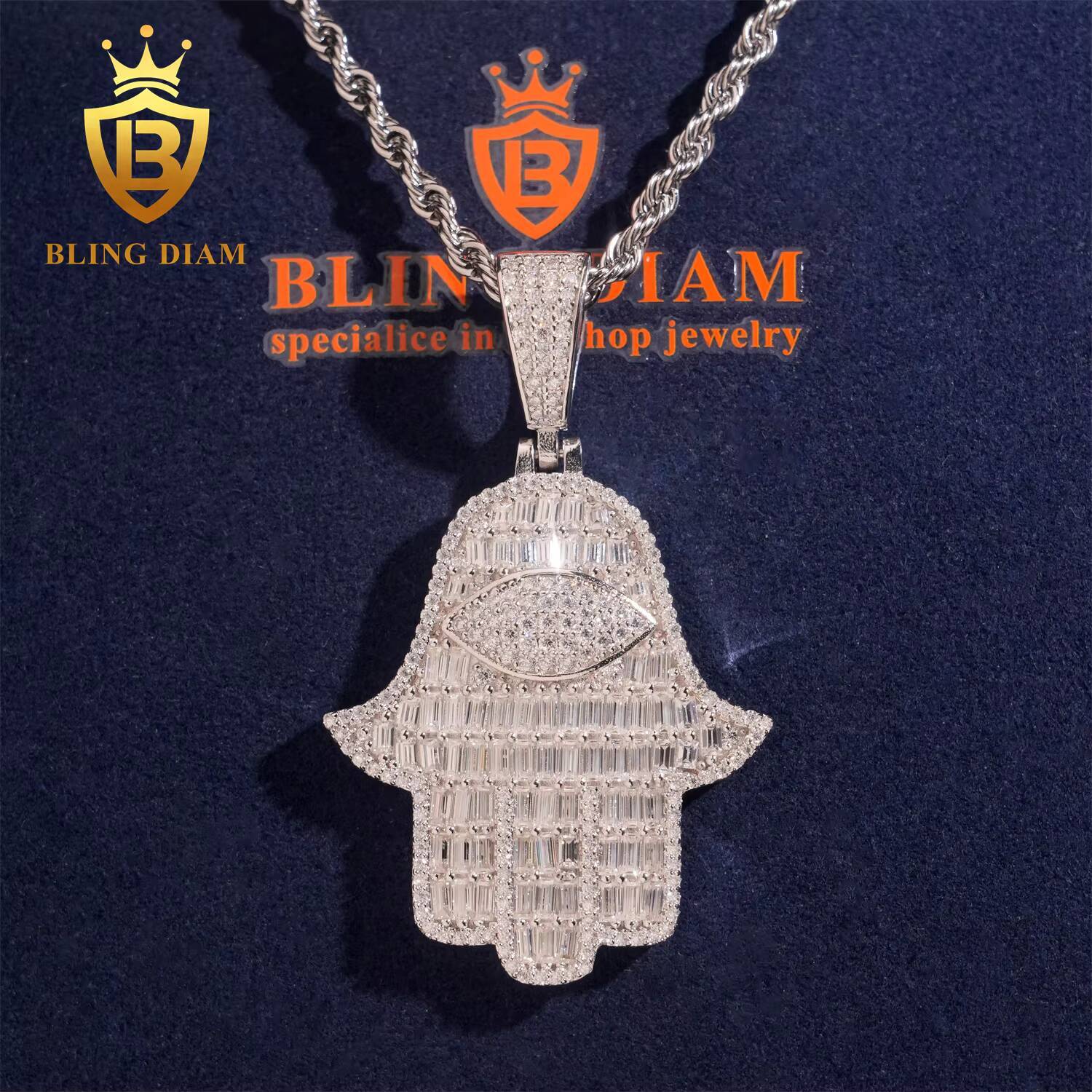 Ready to Ship Iced Out Jewelry Fatima Pendant 925 Silver Moissanite Hip Hop Jewelry Hip Hop Hand Pendant