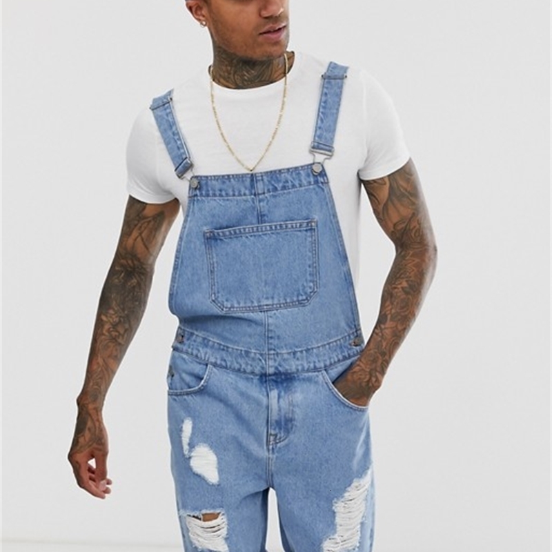 Retro Mens style Denim Shorts with Holes Fashionable Onepiece Workwear Suspender Pants for Young People on The Street 250729