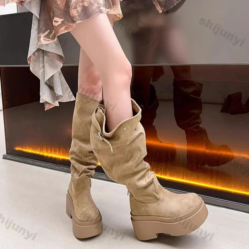Womens Fashion Thick Heels Knee High Boots Khaki Flock Slip on Western Boots Woman Spring Autumn Soft Leather Short Botas Mujer 250809