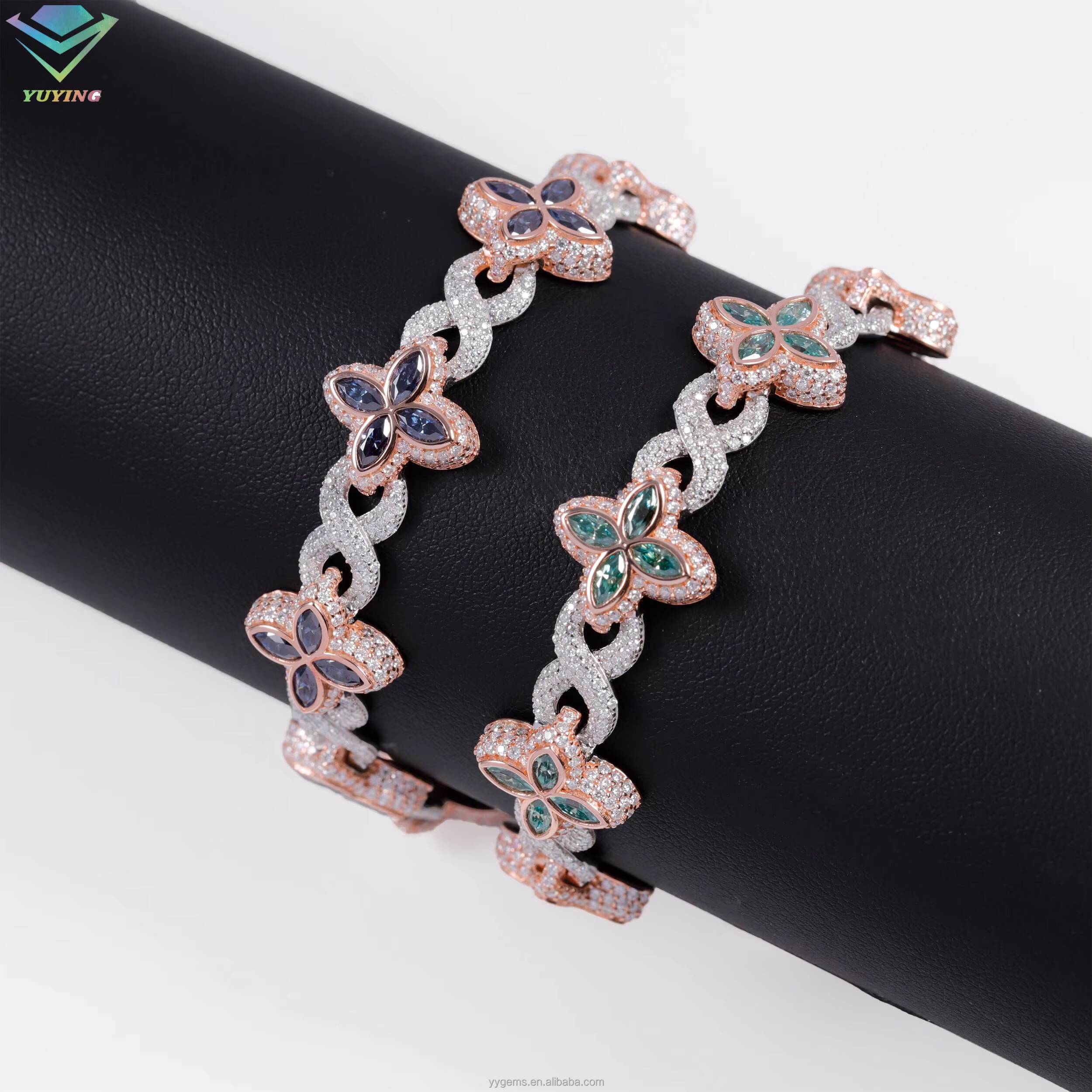 Fashion Design Infinity Link Clover Bracelet Pass Diamond Tester S925 Colored Marquise Moissanite Diamond Clover Cuban Bracelet