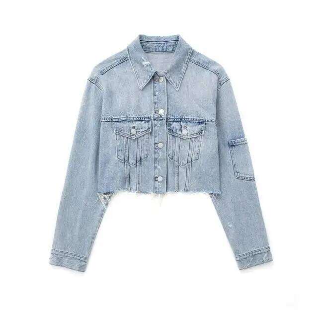 Designer Clothing 2025 Vintage Casual Crop Outwear Female Single Breasted Pocket Coat 2025 Spring Women Worn-Out Short Denim Jacket Lapel