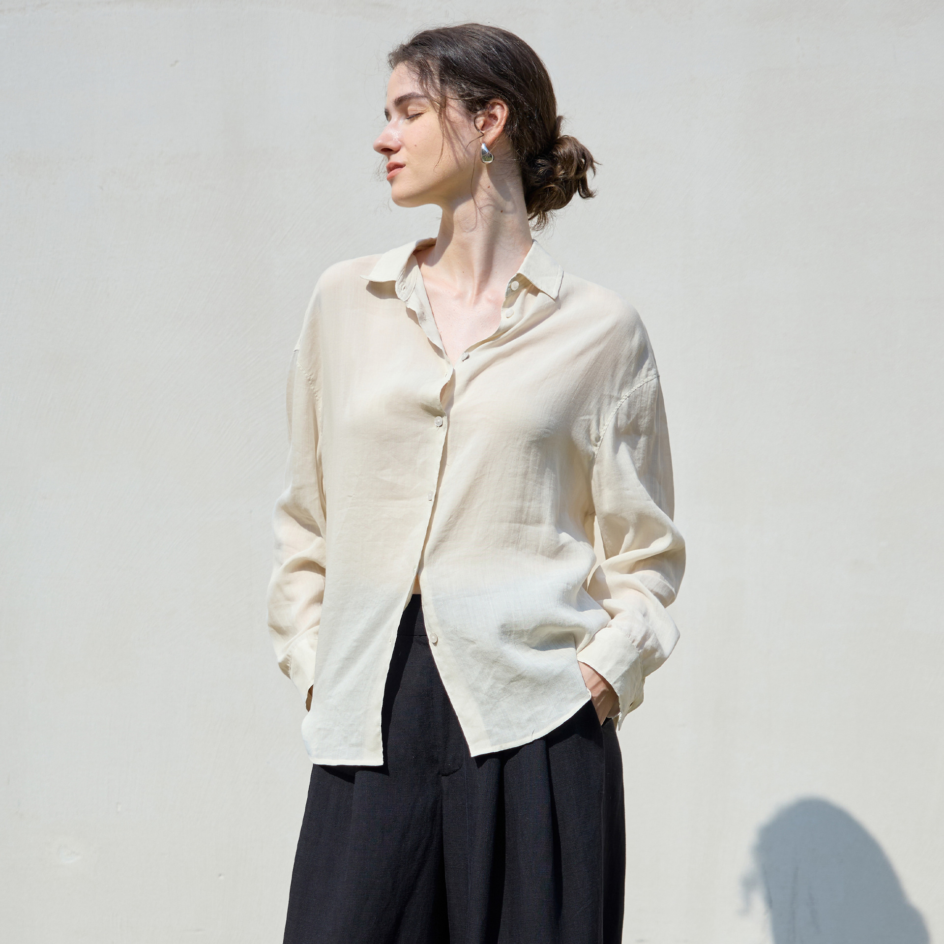 Old Style Loose Solid Color Women's Simple Single-Breasted Long Sleeve Shirt Relaxed Tencel Linen Top