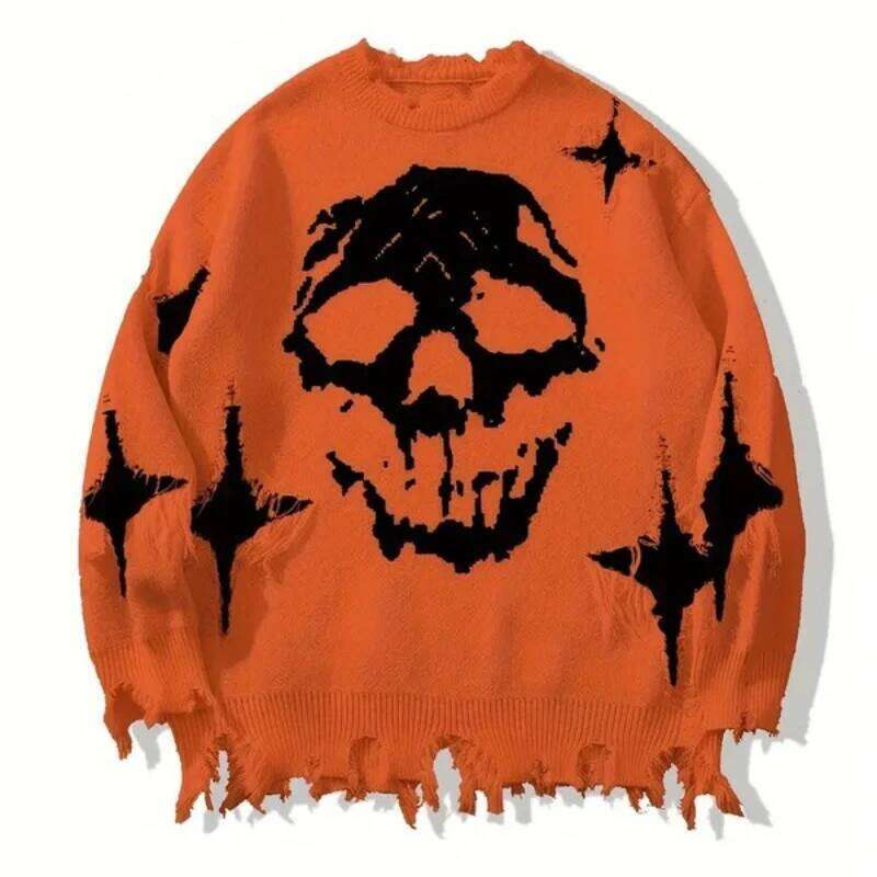 Y2k Round Neck Long Sleeved Knitted Sweater Vintage Streetwear Dark Cry Skull Jacquard Pattern Top Sweatshirt Winter Outfit Ootd