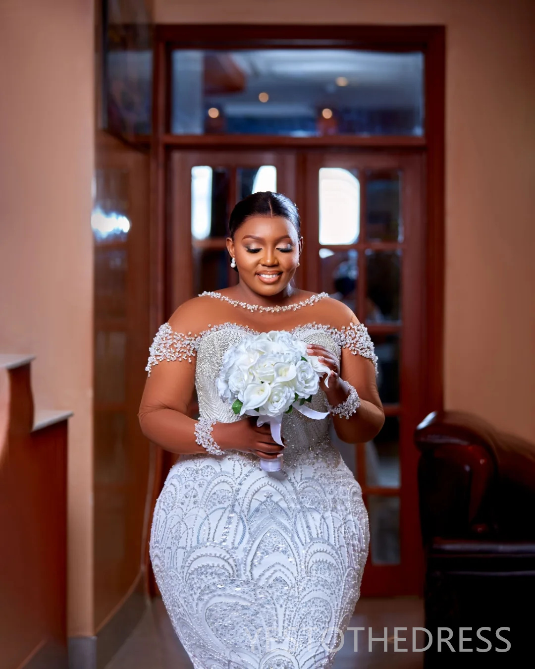 2025 Plus Size Off White African Wedding Dress Bridal Gowns For Bride Mermaid Sheer Neck Beaded Lace Pearls Tiered Pleat Tulle Wedding Gowns For Black