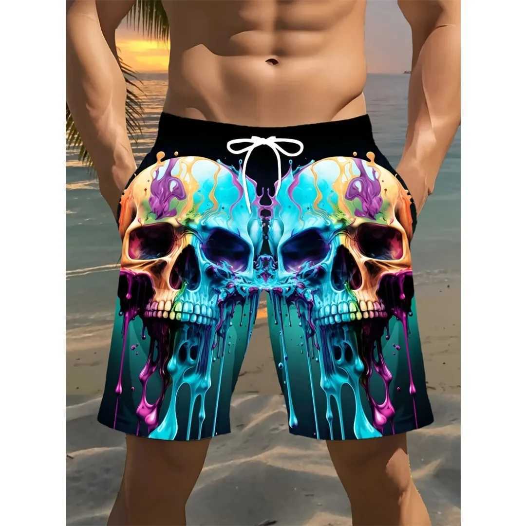 Mens Skull Long Swim Trunks Surf Trunks Shorts Fashion Street Trend Casual Daily Vacation with Elastic Waist Designer Clothing Y250814