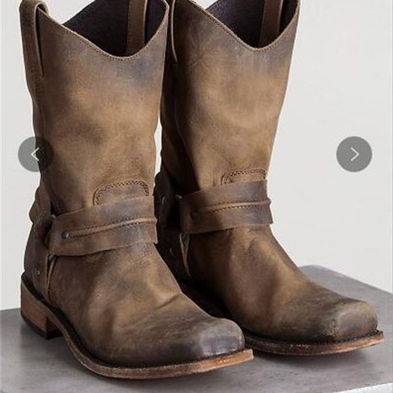 Retro Cowboy Boot Men Mid Calf Outdoor Vintage PU Slip on Shoes Winter Gladiator Booties Unisex Brown Long w250801