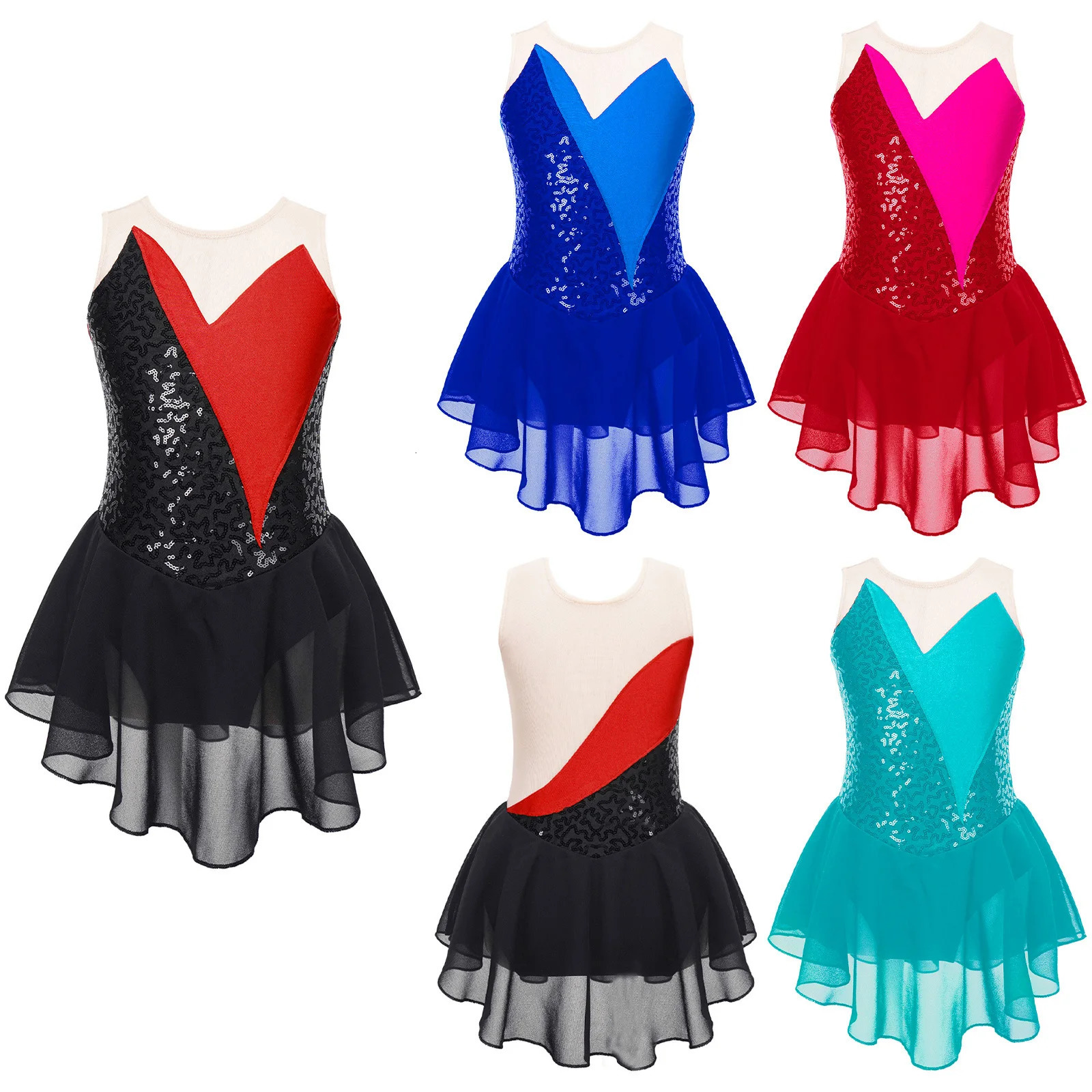 Girls Ballet Figure Ice Skating Dance Dress Gymnastics Acrobatics Performance Dancewear Shiny Sequins Sheer Mesh Leotard Dresses 250812