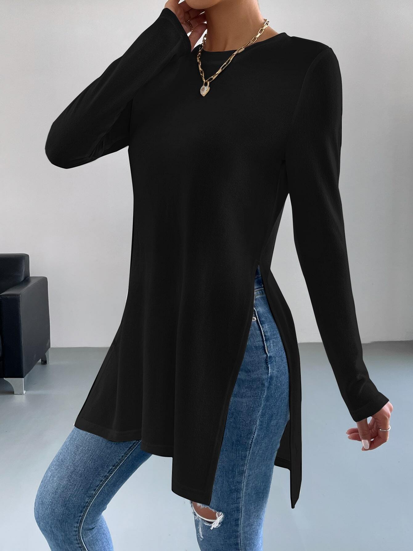 Women's Sleeve Top Solid Color Hem Split Long Version T-Shirt for Women